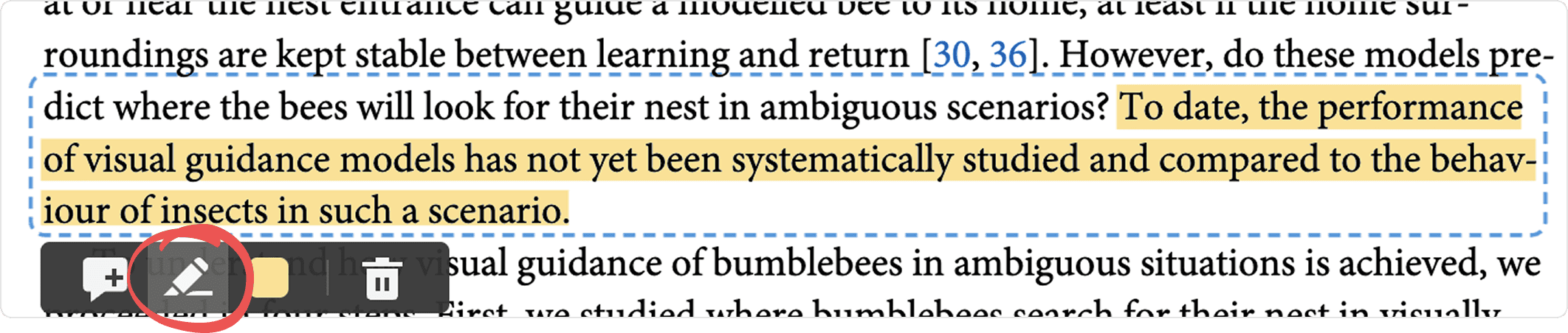 A highlighted passage selected in a PDF with the floating annotation toolbar below it and the highlight button circled, used to change the markup type.